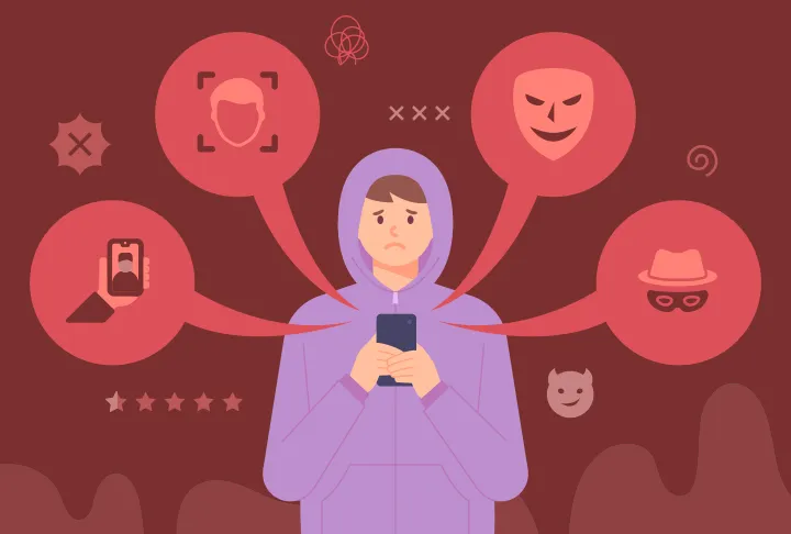 한 남성이 핸드폰을 보며 불법 촬영물, 딥페이크 등 사이버 범죄에 노출되어 근심어린 표정을 짓고 있음